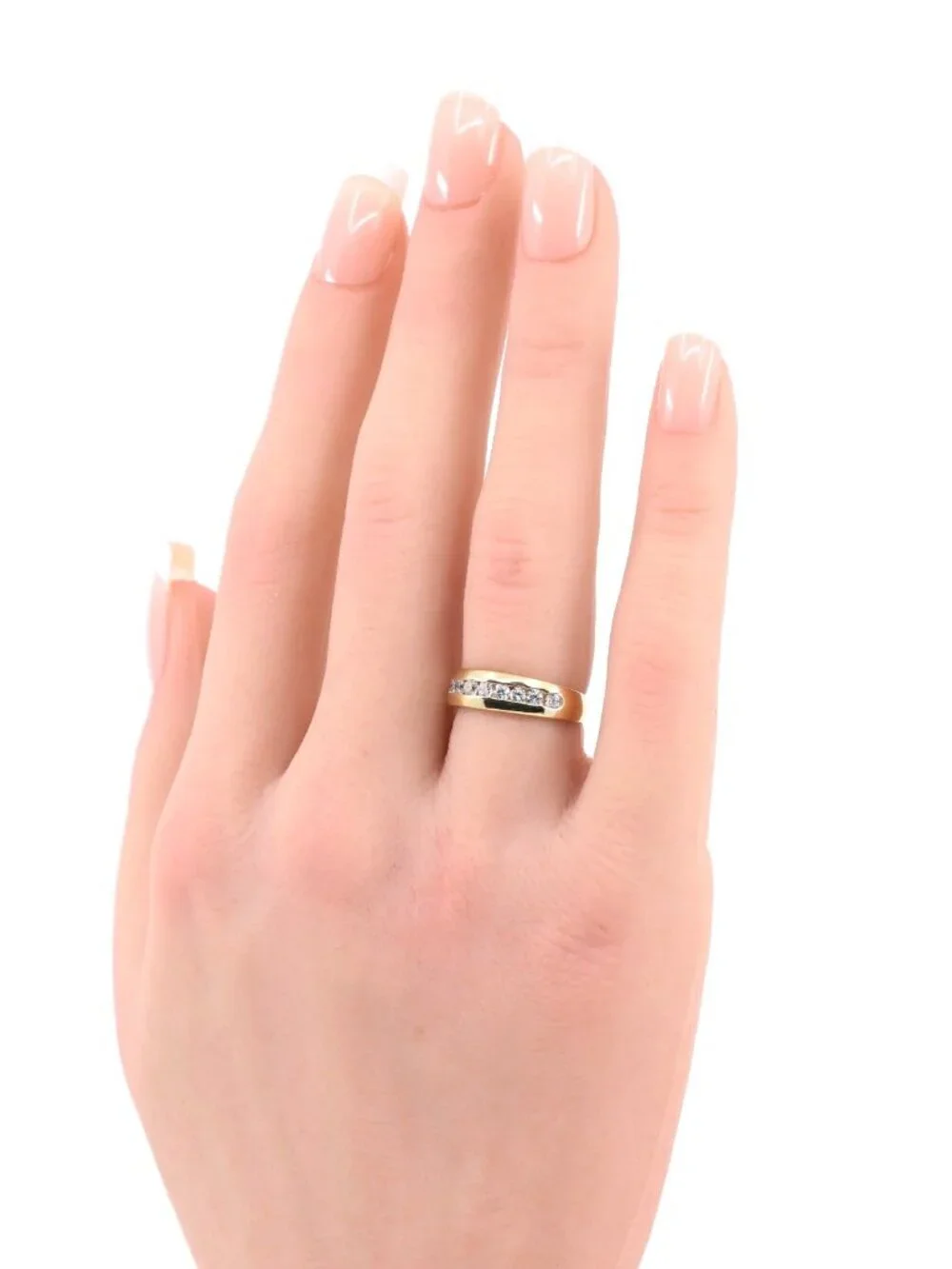 Unique 14K Solid Yellow Gold Designer Single Row CZ Wedding Ring Band -Size 4.25